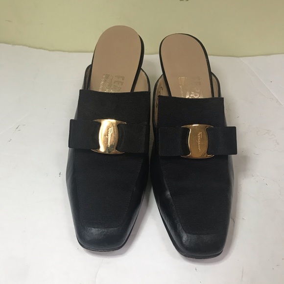 Salvatore Ferragamo Leather Mules Slides Vera Bow Heels Italy Black Gold logo - Picture 12 of 16